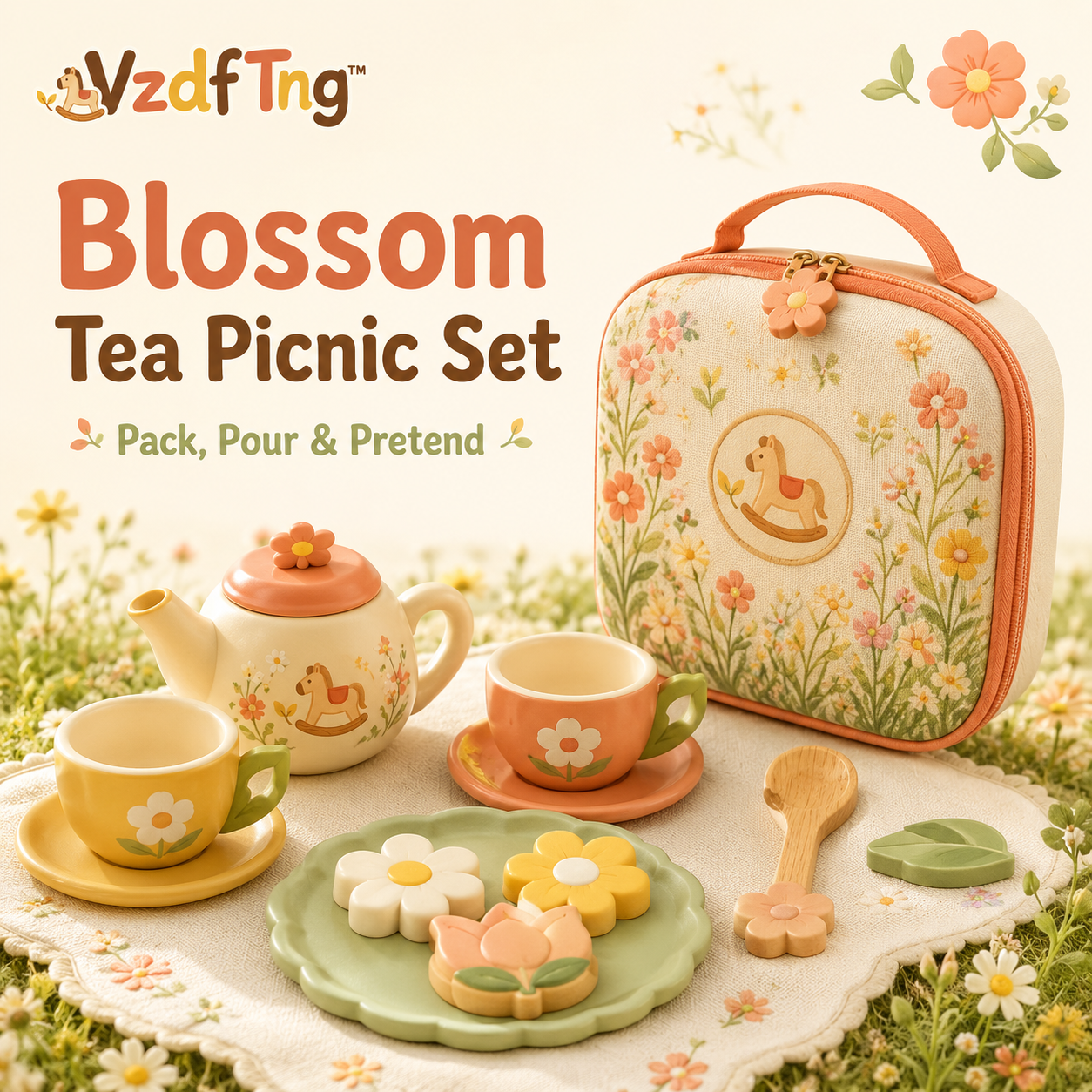 VzdfTng™ Blossom Tea Picnic Set – Portable Pretend Tea Party Playset