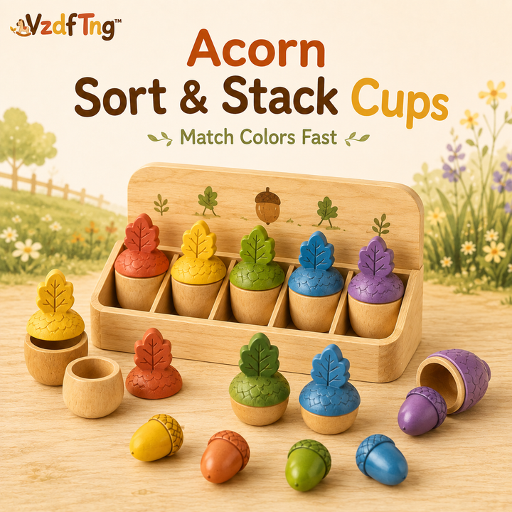 VzdfTng™ Acorn Sort & Stack Cups – Color Matching Woodland Toy
