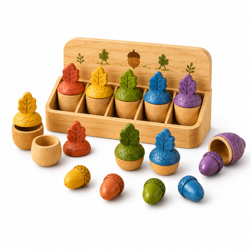 VzdfTng™ Acorn Sort & Stack Cups – Color Matching Woodland Toy