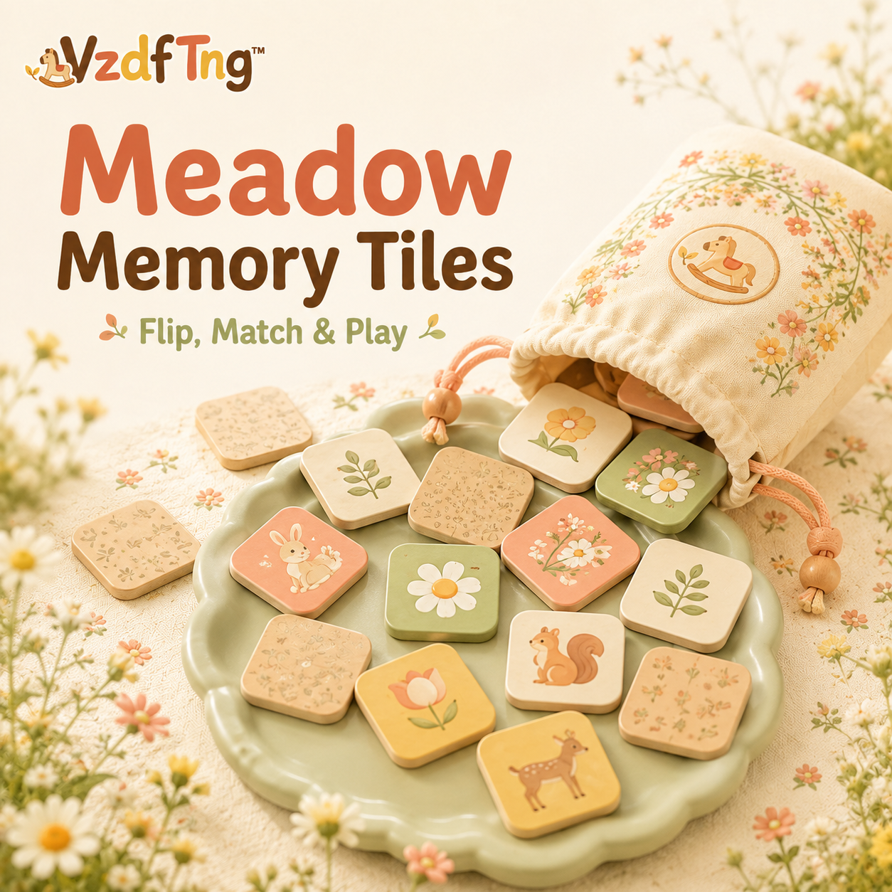 VzdfTng™ Meadow Memory Tiles – Floral & Woodland Matching Game