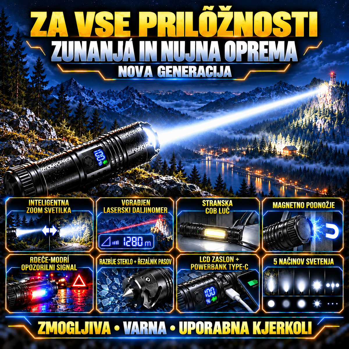 Taktična svetilka s funkcijami za uporabo na prostem in v nujnih primerih