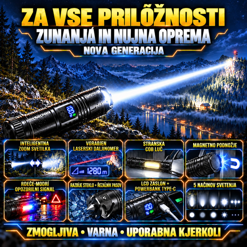 Taktična svetilka s funkcijami za uporabo na prostem in v nujnih primerih