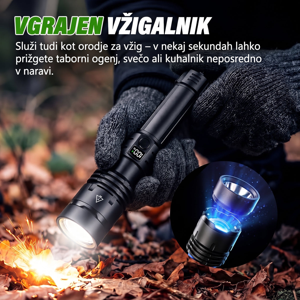 Svetilka z vgrajeno lečo za prižiganje ognja