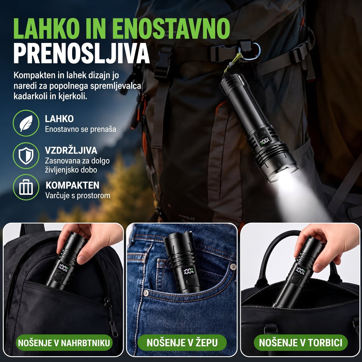 Kompaktna svetilka v nahrbtniku, žepu ali torbi